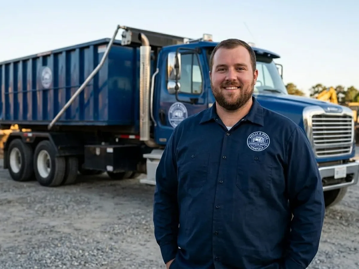 Speaking with a Reilly & Sons Dumpster Rental driver beside a roll-off container